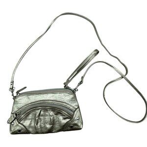 style & co faux leather cross body bag silver zippers cardholder inside 8x4.5" R